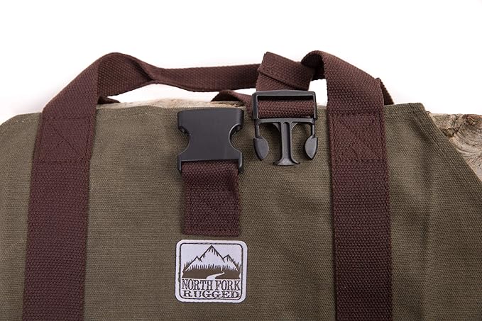Heavy Duty Waxed Canvas Firewood Log Carrier Bag Tote – Unique Dual Handles allow Secure Comfortable grip with various load sizes. Cinch Strap holds all wood in place (Olive/Brown)