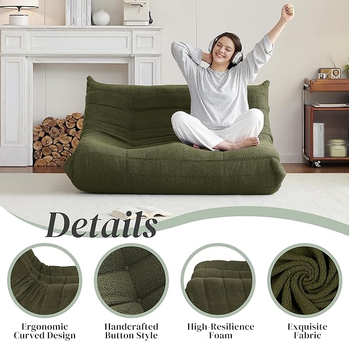 Bean Bag Chair, Loveseat Fireside Chair Bean Bag Sofa for Adults, 2 Seater Bean Bag Chairs for Teens with High-Resilience Foam, Memory Foam Bean Bag for Living Room, Bedroom, Office(Teddy, Dark Green)