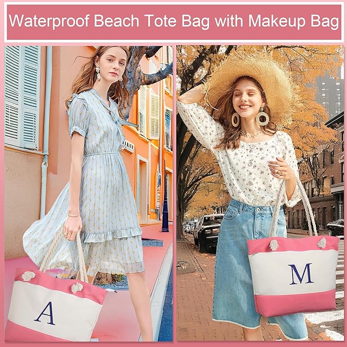 YOOLIFE Beach Bags for Women - Initial Canvas Tote Waterproof Bag with Makeup Bag Gifts for Women Mom Friend Birthday Her