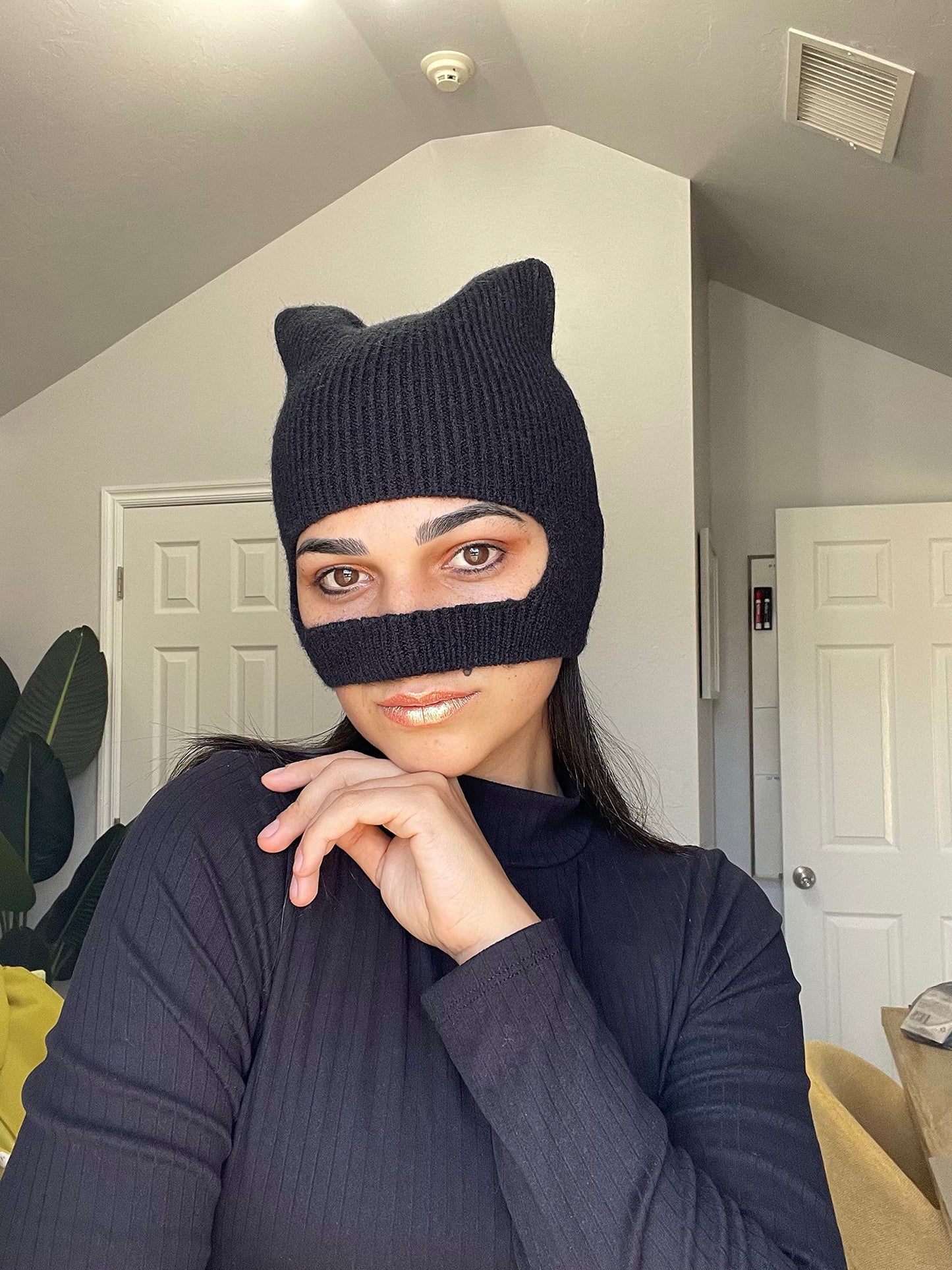 ComfyCamper Catwoman Mask Costume - Halloween Women Woman Girls Adult - Superhero Cat Face Roleplay - Black Knit