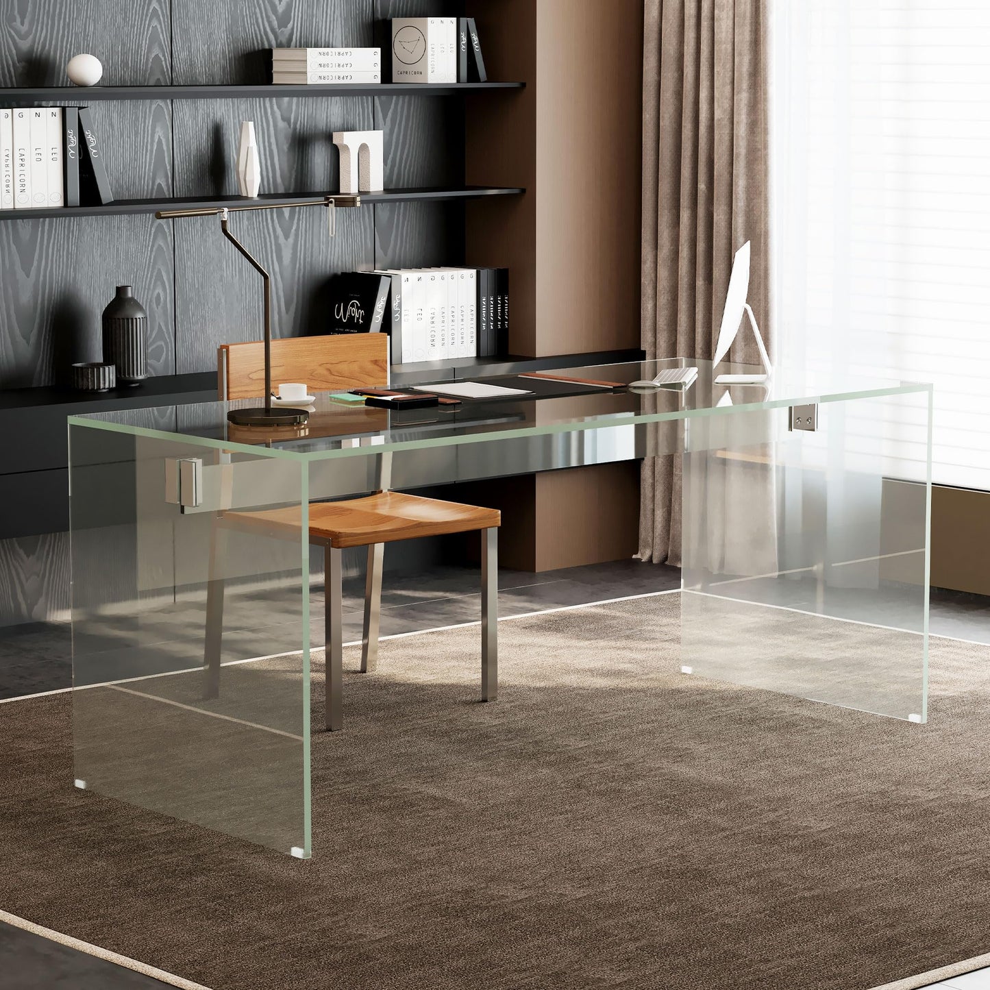 gaoyangjiaju Clear Tempered Glass Writing Desk – Minimalist Modern Computer Table with Metal Joints for Home Office or Study