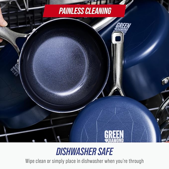 Blue Diamond 9.5” & 11" Nonstick Frying Pan Skillet Set, Diamond Infused PFAS-Free Ceramic, Dishwasher & Oven Safe, Stainless Steel Handle, Durable Non Toxic Metal Utensil Safe, Egg & Omelet Pans,Blue