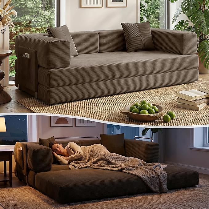 Fancyfire 78.8" Convertible Sofa Bed with Armrest Pillow,4-in-1 Sleeper Couch Bed for Livingroom,Modular Corduroy Boneless couches,No Assembly (Brown)