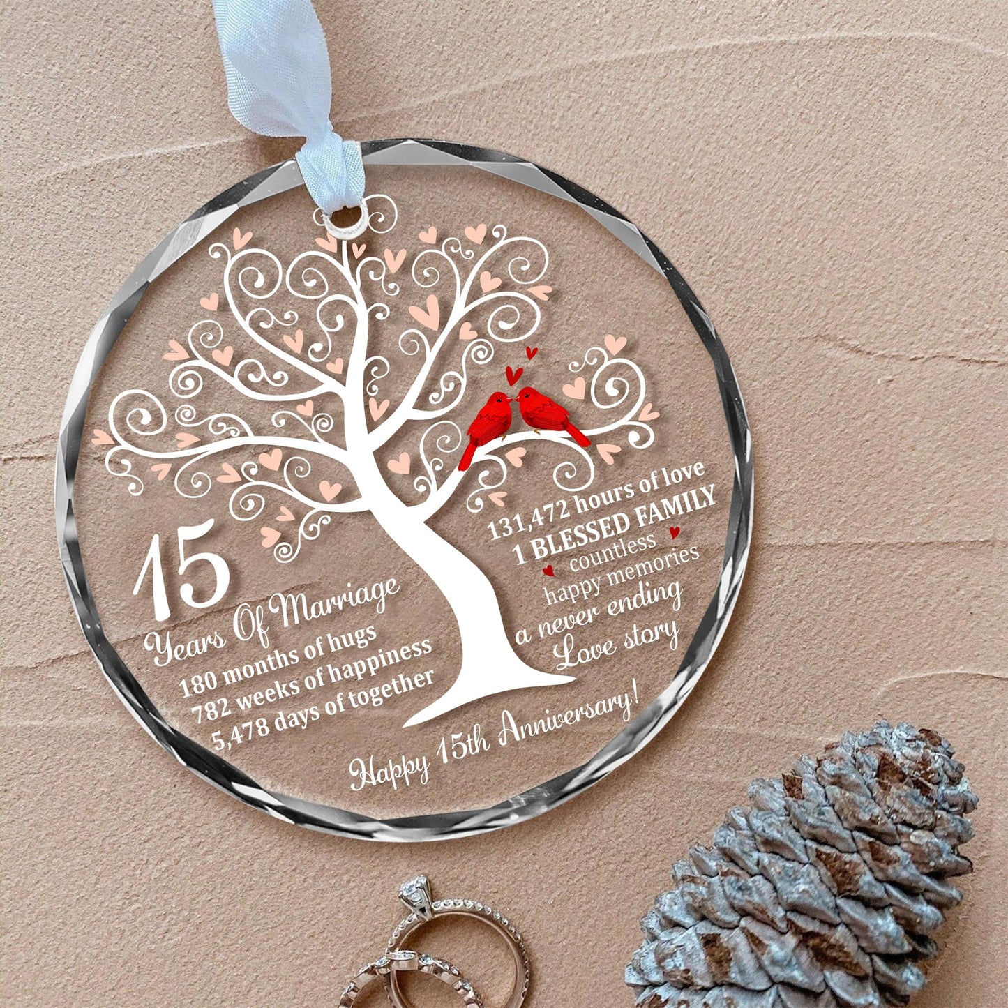 Bozspacer 15th Wedding Anniversary Ornament for Parents Couple Wife Husband - Crystal Anniversary Wedding Gift Ideas - Glass Ornament for 15 Years Marriage