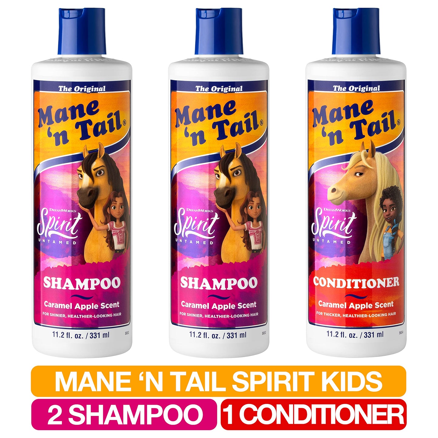 Mane 'n Tail Spirit Untamed Shampoo (2-Pack) & Conditioner (1-Pack) - Caramel Apple Scented, Gentle Coconut Oil Formula for Soft