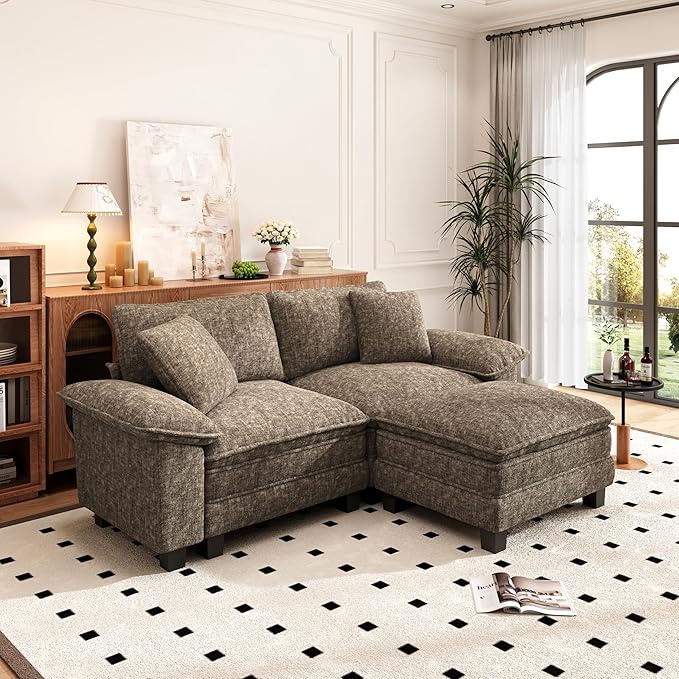 PHI VILLA Cloud Modular Couches Sets, 87.5" Sectional Loveseat Sofa with 1 Movable Ottoman, 3-Seater Comfy Couches for Living Room Apartment, Chenille Fabric, Taupe
