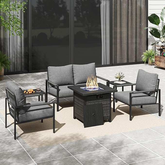 PATIOCHIC 6 Pieces Rattan Outdoor Furniture Set, All-Weather Patio Conversation Set with Dark Grey Cushions, Coffee Tables and 28" Fire Pit Table