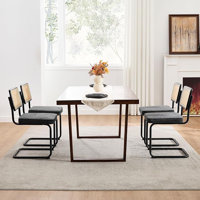 Zesthouse Rattan Dining Chairs Set of 6, Mid Century Modern Dining Room Chairs with Natural Cane Mesh & Black Matte Base, Dark Grey Cesca Chair, Linen Fabric Kitchen Chair with Solid Wood Frame Back
