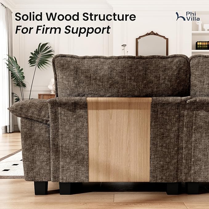 PHI VILLA Cloud Modular Couch Sets, 123.6" Sectional Sofa with L-Shaped Chaise, 4-Seater Upholstered Couches with Movable Ottoman for Living Room, Chenille Fabric, Taupe