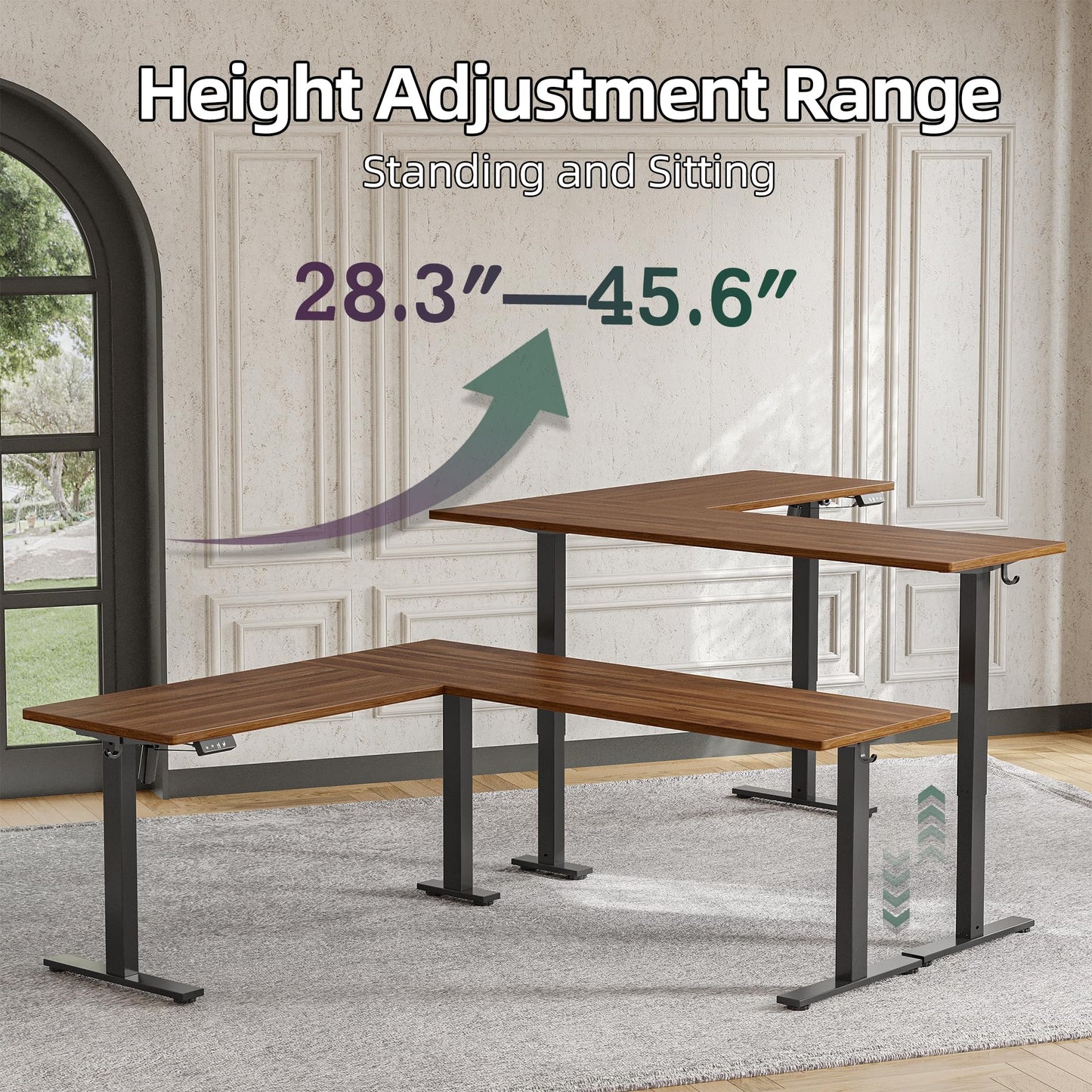 TIQLAB 75 x 61 inch L Shaped Standing Desk Adjustable Height, Electric Corner Standing Desk, Sit Stand Computer Table with Splice Board, Black Walnut