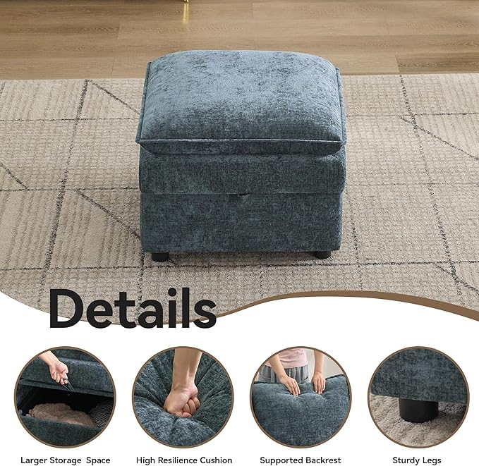 Abbrevi 27" Large Square Ottoman with Storage, Modern Upholstered Footrest with Anti-Slip Legs for Couch Coffee Table Living Room, Bedroom, Entryway, Chenille Blue
