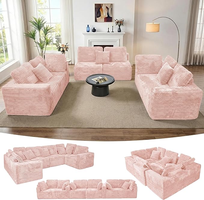 135.5" Cloud Sectional Couch,Boneless Corduroy Sofa for Living Room,Oversized U Shaped Sofa with Chaise,Deep Seat,No Assembly Required,Modular Sectional Sofa（Pink）