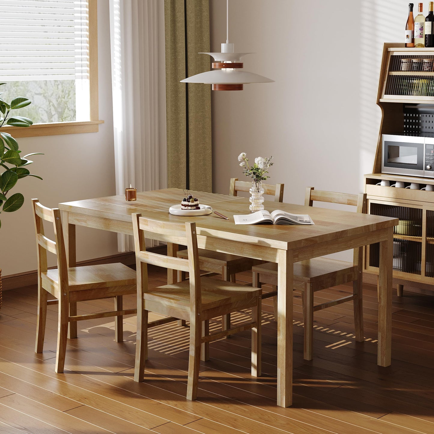 Orweiin 43.3 inch Solid Wood Indoor Modern Rectangular Dining Table Set for 4, Table and 4 Solid Wood Dining Chairs for Kitchen, Bar, Living Room, Breakfast Nook, Natural