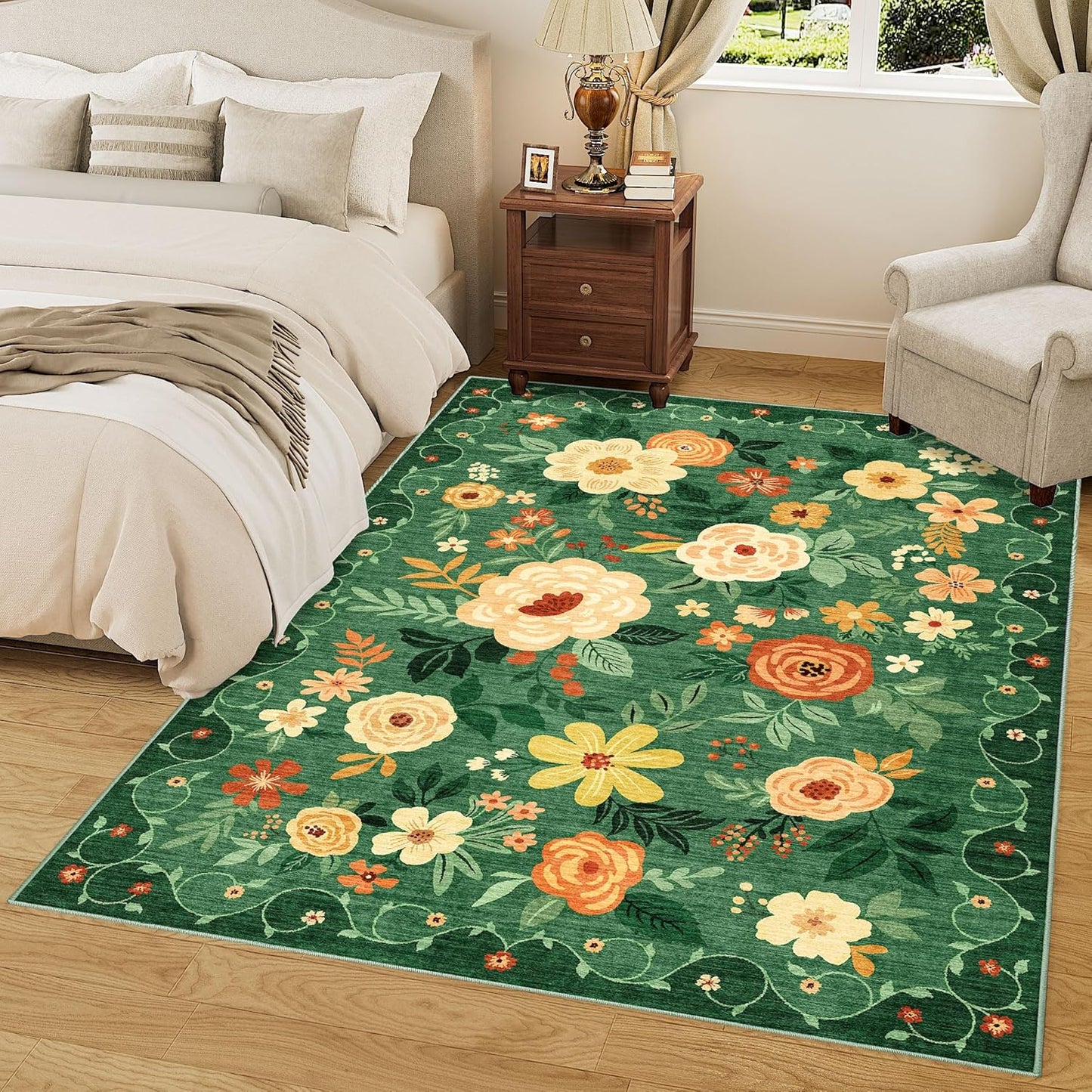 DUKINO 8x10 Area Rug, Floral Rugs for Living Room, Lightweight Non Slip Washable Rug, Indoor Low Pile & Non-Shedding Boho Design Rugs for Bedroom, Living Room, Dining Room, Dark Green