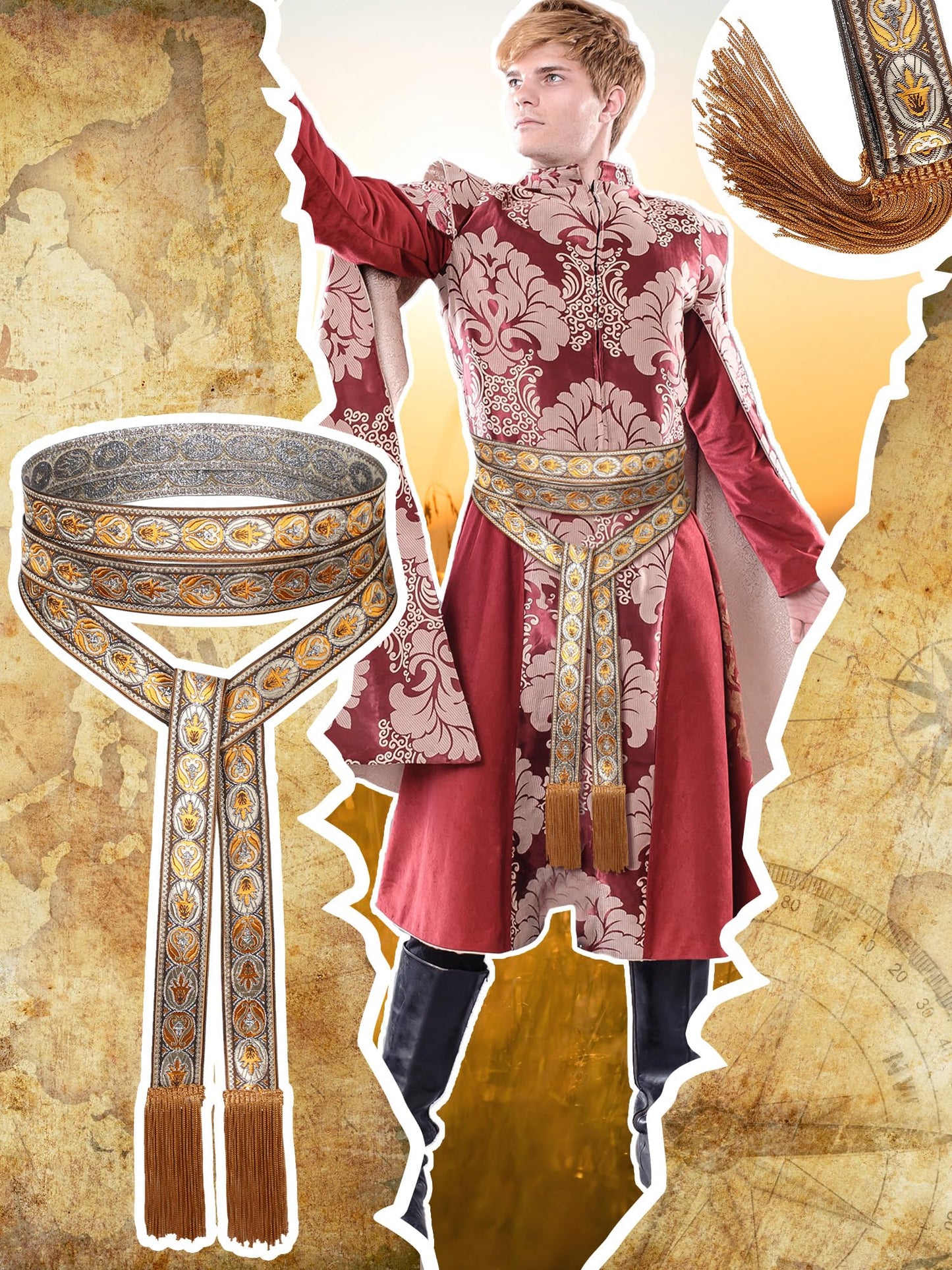 Jiuguva Medieval Women Sash Belt Tassel Waist Belts with Wave Trim Renaissance Dress Tunic Costume Accessory(Classic Style)
