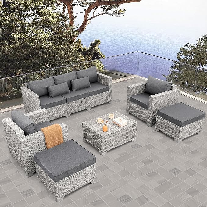 WAROOM Patio Furniture Set 6 Piece Outdoor Patio Set Grey Wicker Balcony Furniture Conversation Sets PE Rattan Couch Sofa with Coffee Table, Grey Cushion