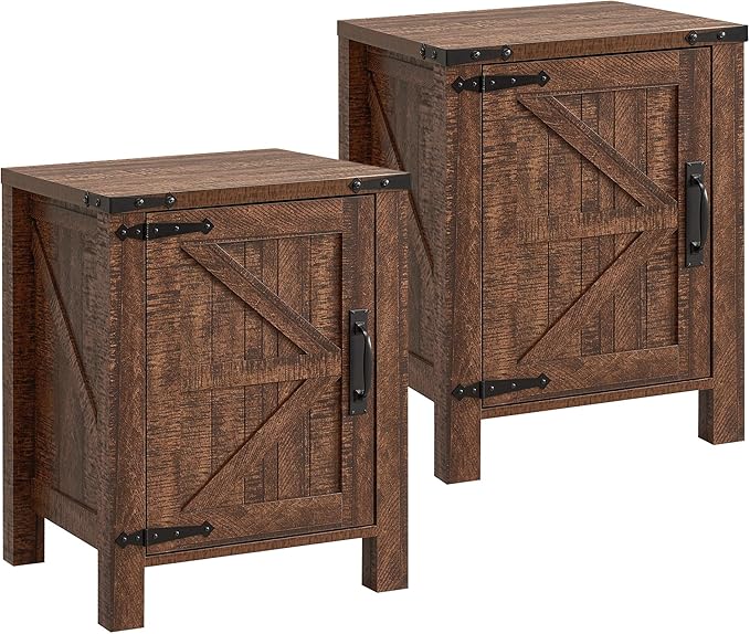 OKD Farmhouse Nightstand Set of 2 with Charging Station, 18 Inch Rustic End Table with Barn Door Cabinet, Adjustable Storage Shelf, Wood Sofa Side Table for Living Room, Bedroom, Reclaimed Barnwood
