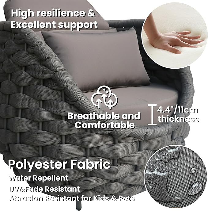 Erotr Front Porch Furniture Set 3 Piece: Aluminum Woven Rope Patio Conversation Sofa Set for 2 - Assembled Outdoor Couch Armchair Set Cushions - for 400lb Deck Balcony Pool Yard Hotel - Dark Gray
