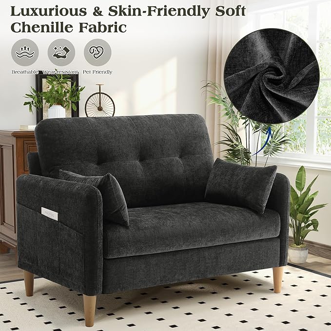 Hanherry Loveseat Sofa, 47” Small Couch for Living Room, Comfy Chenille Fabric Love Seat for Bedroom with Throw Pillow,Removable Cushion Cover,Couches for Small Space,Apartment,Dorm