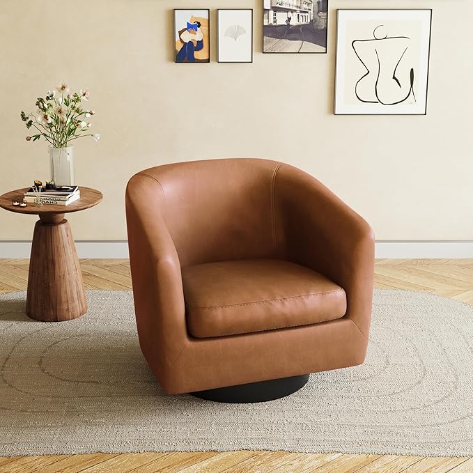 UIXE 360° Swivel Barrel Accent Chair Armchair, PU Leather Round Club Arm Chair for Lving Room, Modern Upholstered Small Bedroom Single Sofa Seat - Brown, Set of 1