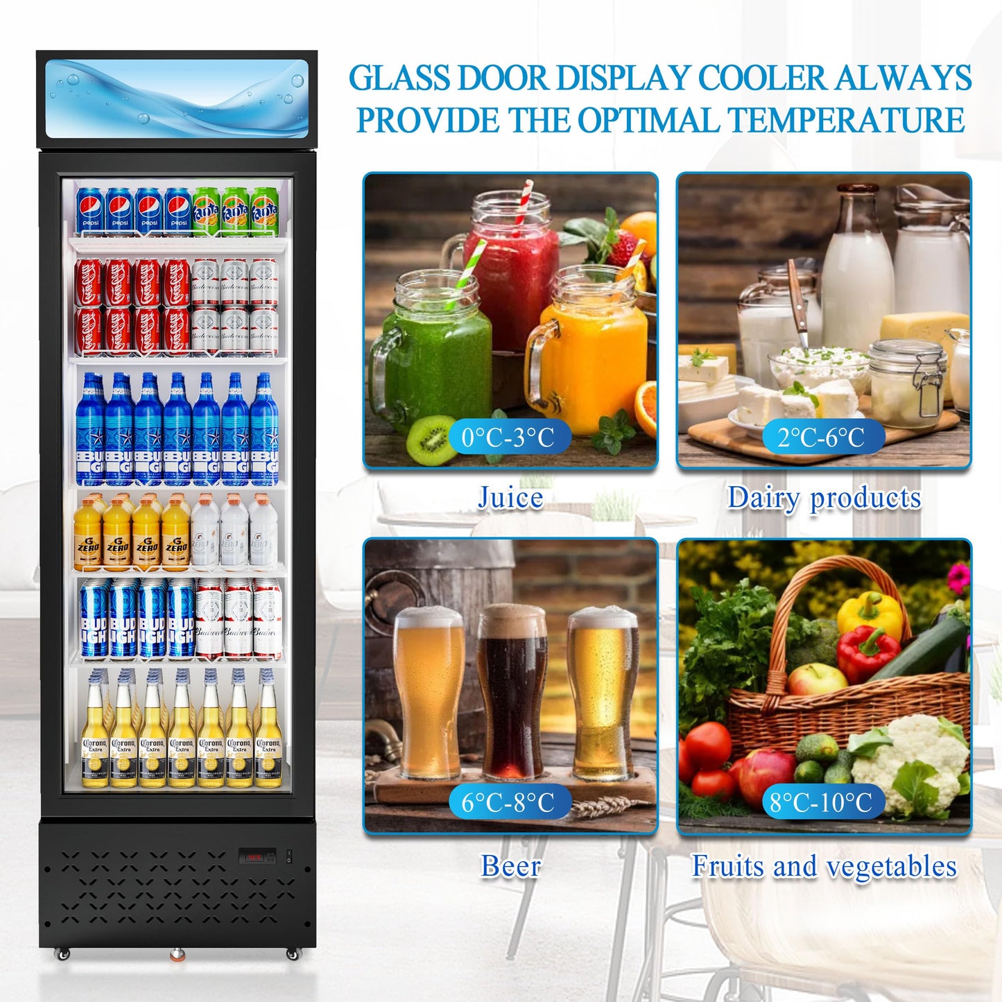 LCEKY Beverage Cooler Commercial Refrigerator 10 Cu.Ft. Glass Door Display Refrigerator with LED Light, 5 Shelves, Display Commercial Beverage Refrigeratorfor Restaurant Cafe Bar Store (10 Cu.Ft.)