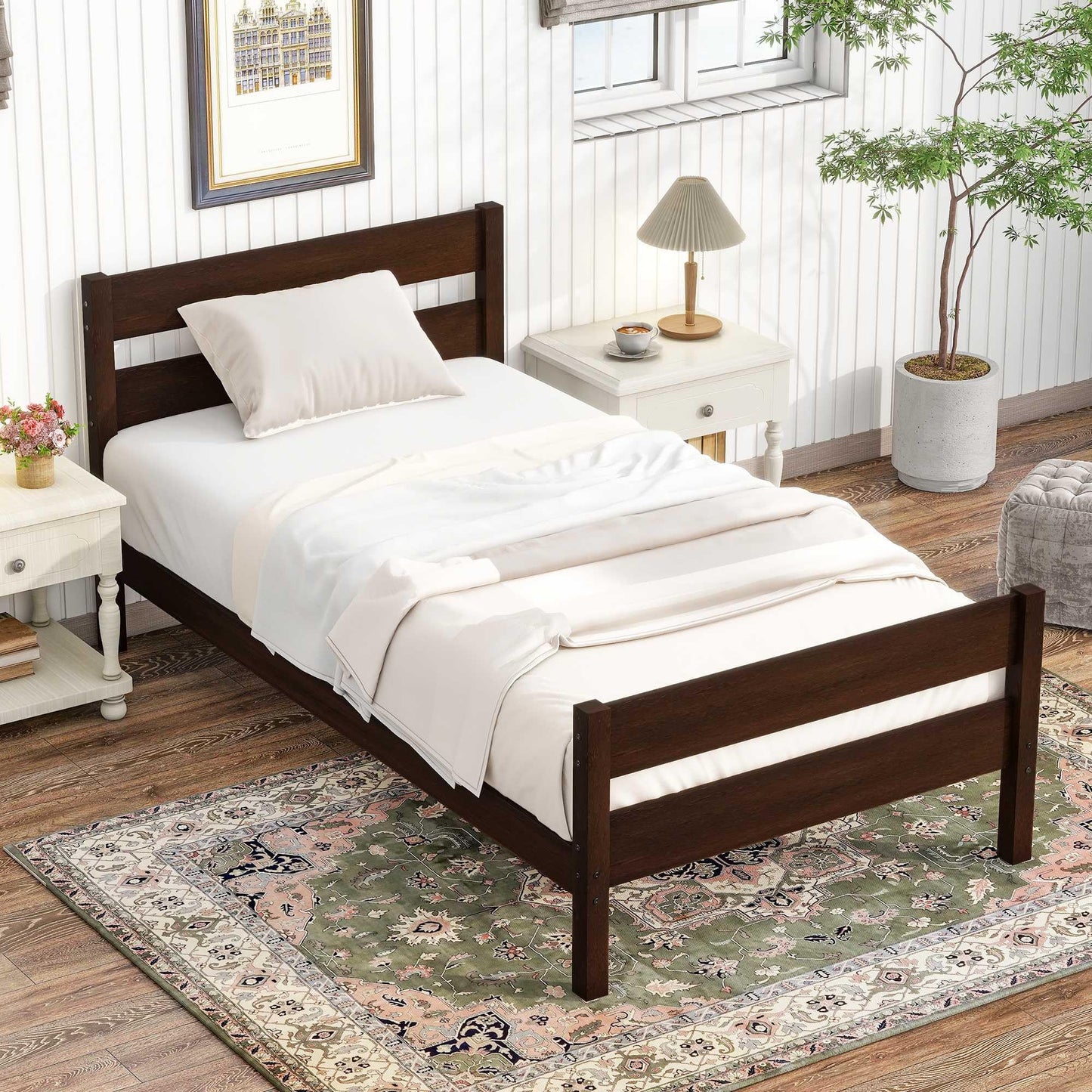 Twin Size Bed Frame with Headboard and Footboard for Kids, Farmhouse Wood Platform Bed with Storage and Slat Support, No Box Spring Needed, Espresso