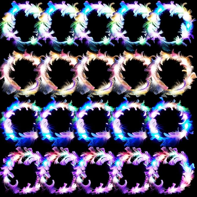 Taiyin 20 Pieces LED Feather Crown Headband Light up Angel Wreath Headband Flower Crowns for Women Wedding Halloween Birth...