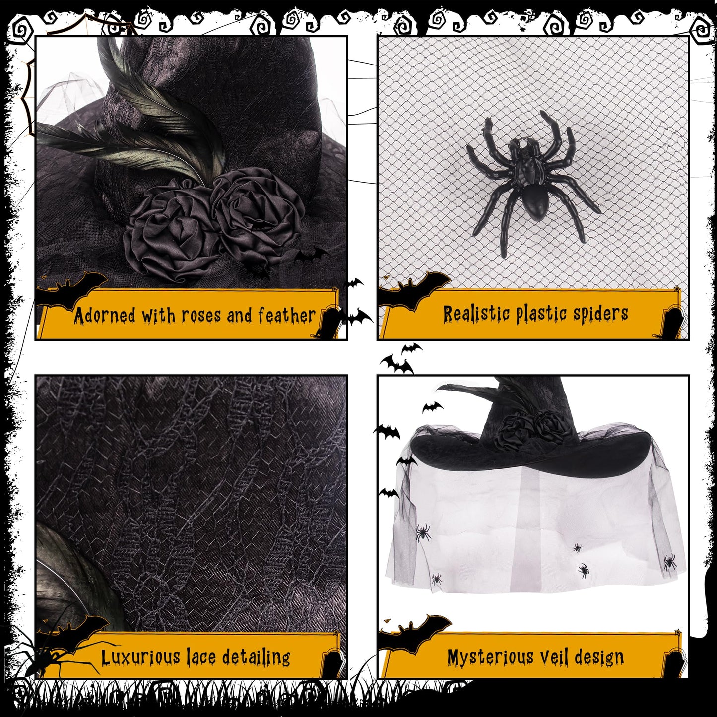 Edussy Lace Halloween Witch Hat with Veil Halloween Costume Witches Hats for Women Accessories