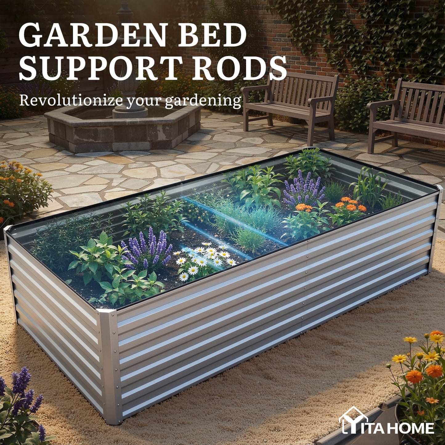 YITAHOME 8x4x2ft 2pcs Large Raised Garden Bed, Galvanized Metal Planter Box with Gloves, Ground Nails, Support Rod & Safety Rubber, Outdoor Above Ground Planters for Plants Vegetables Flowers, Silver
