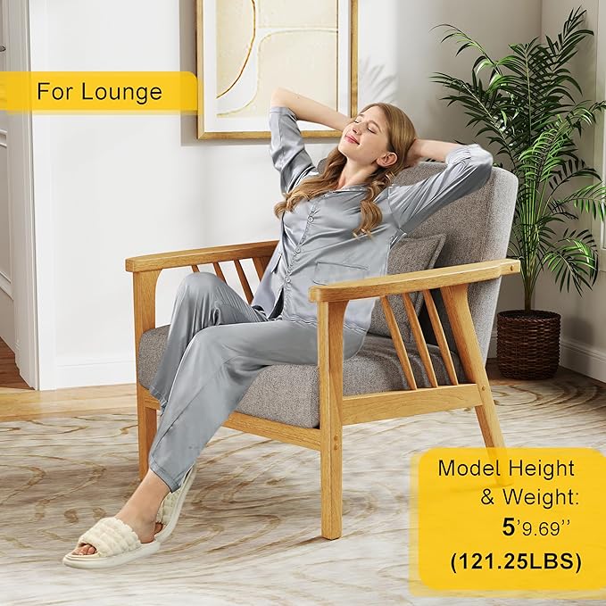 SEYNAR Mid-Century Accent Chair, Linen Fabric Armchair and Lounge Chair with Lumbar Pillow, Wide Seat & Solid Wood Frame for Living Room, Bedroom or Balcony (Light Gray)