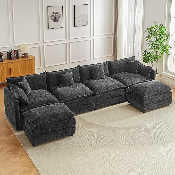 saows Modular Sectional Sofa, 147.2 Inch U Shaped Couch Set with Armrests, 4-Seater Comfy Cloud Couches with Movable Ottoman for Living Room Apartment, Grey