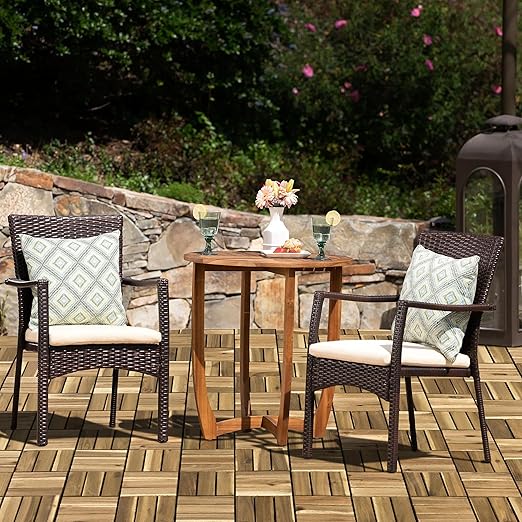 VICTORY RELAX Acacia Wood Decking Tiles 27PCS - Easy Snap Interlocking Deck Tiles for Patio Poolside Balcony Decor - All Weather Waterproof Flooring for Indoor & Outdoor (Round Joints)