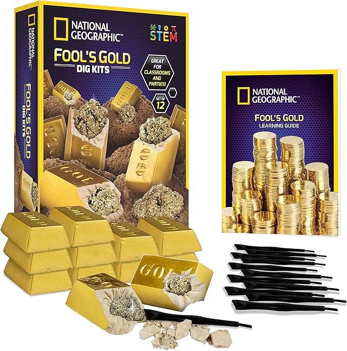 National Geographic Fool’s Gold Dig Kit – 12 Gold Bar Dig Bricks with 2-3 Pyrite Specimens Inside, Party Activity with 12 ...