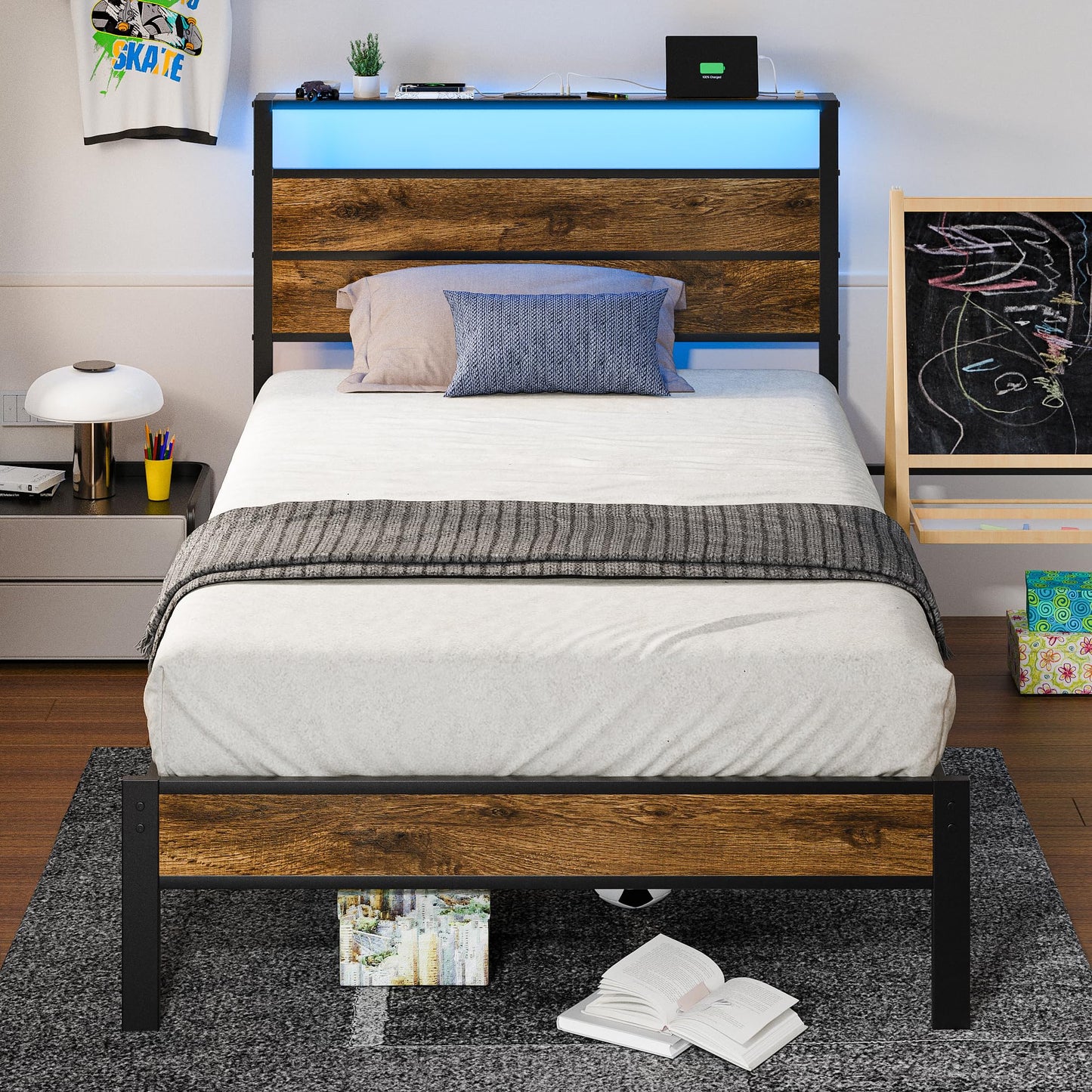 Liians Twin Bed Frame with Storage HeadboardUSB Charging Station, Smart LED Lights, Metal Platform Bed Easy Assembly, No Box Spring Needed