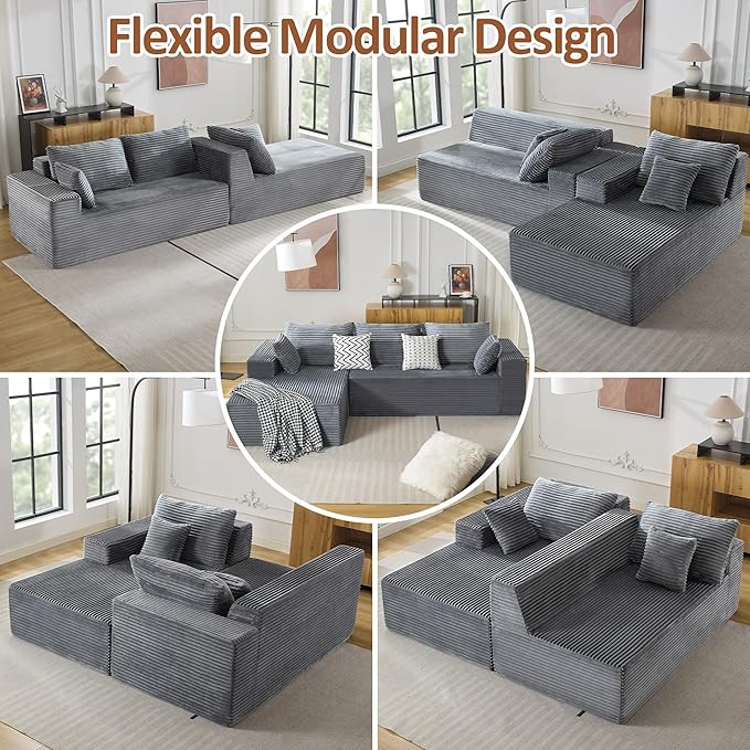 WUTUTUEE 110" Boneless Sectional Couch with Chaise Lounge, Cloud Couch Compressed Sofa L Shape, No Assembly Memory Foam Sofa for Living Room, Grey Corduroy