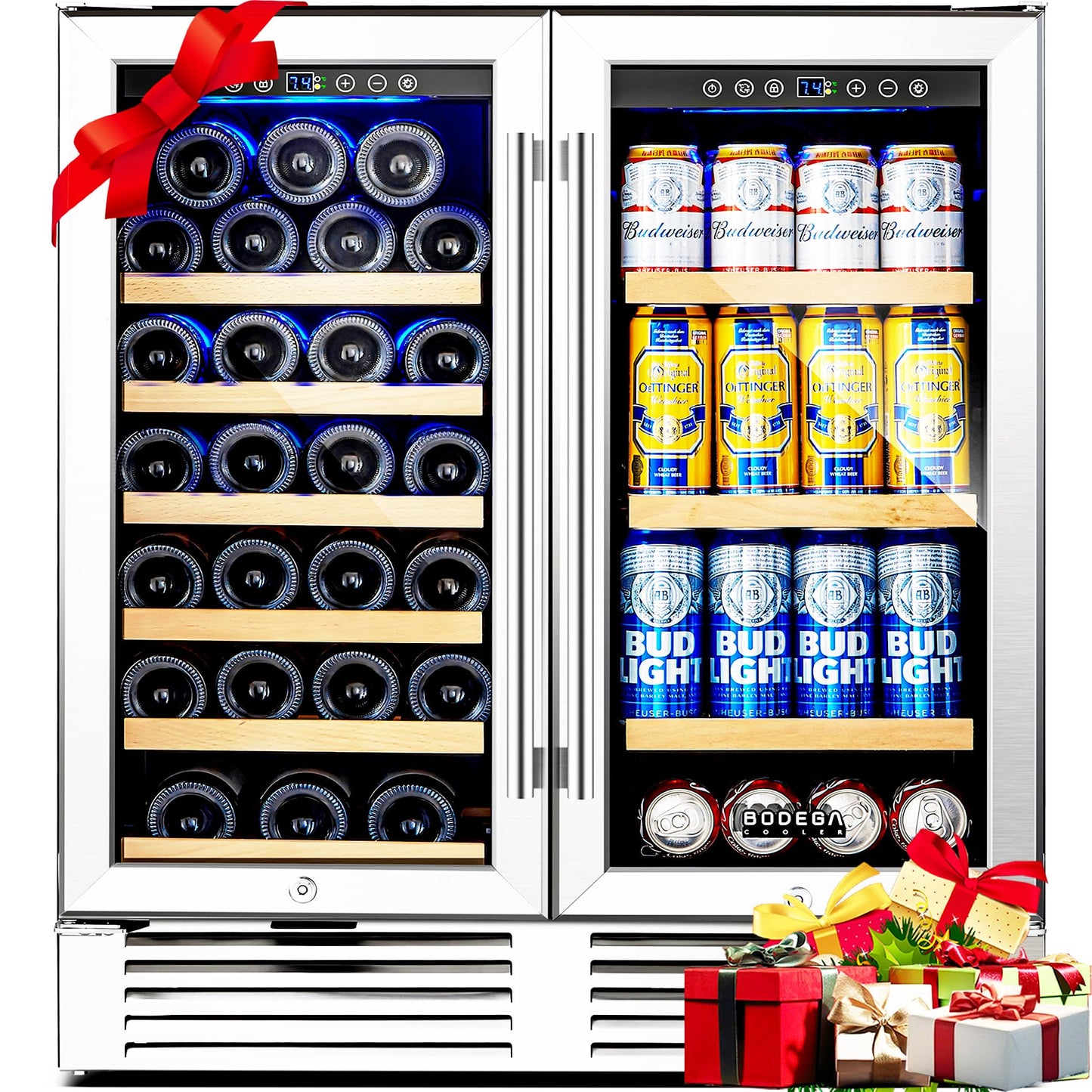 BODEGA 30 Inch Back Bar Cooler with 2 Glass Doors, Commercial Wine & Beverage Refrigerator, Holds 31 Bottles & 92 Cans Dual Zone Drink Fridge, for Beer,Soda Drinks,Wine