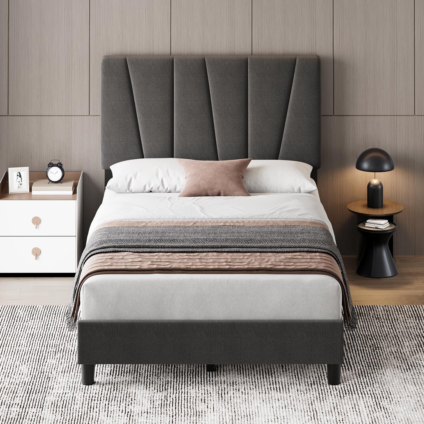 GarveeHome Twin Size Bed Frame with Adjustable Headboard, Linen Upholstered Twin Platform Bedframe with Strong Wooden Slats, Mattress Foundation, No Box Spring Needed, Easy Assembly(Dark Grey, Twin)