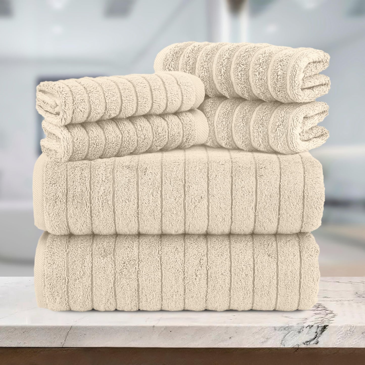 Elegant Comfort 100% Turkish Cotton Corduroy Ribbed Luxury Bath Towels 6-Piece Set, Premium Feel - Quick Dry, Highly Absorbent, Contains 2 Bath Towels, 2 Hand Towels, and 2 Washcloths, Ivory