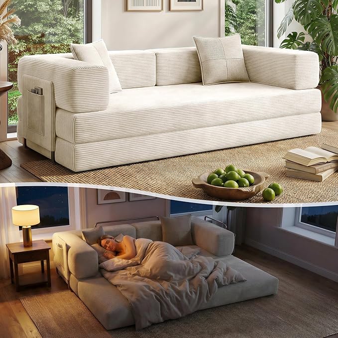Fancyfire 78.8" Convertible Sofa Bed with Armrest Pillow,4-in-1 Sleeper Couch Bed for Livingroom,Modular Corduroy Boneless couches,No Assembly (Beige)