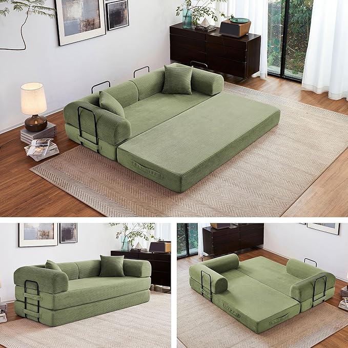 79" 5-in-1 Folding Convertible Sofa Bed, Oversized Corduroy Futon Floor Couch with Pull-Out Sleeper, Modular Boneless Loveseat for Small Spaces, Living Room, Bedroom (Light Green)