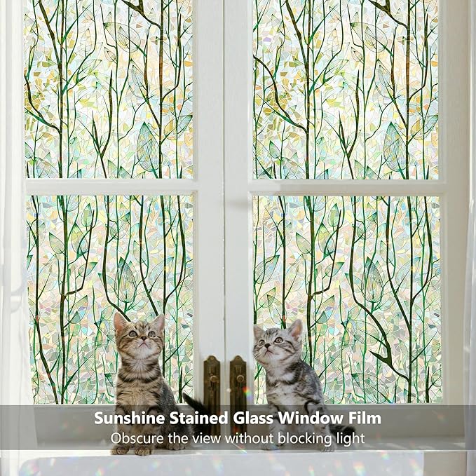 Finnez Window Privacy Film Window Film 3D No Glue Glass Sticker for Glass Door Home and Office Heat Control Anti UV (17.5 Inch x 6.5 Feet, Rainbow Grove)