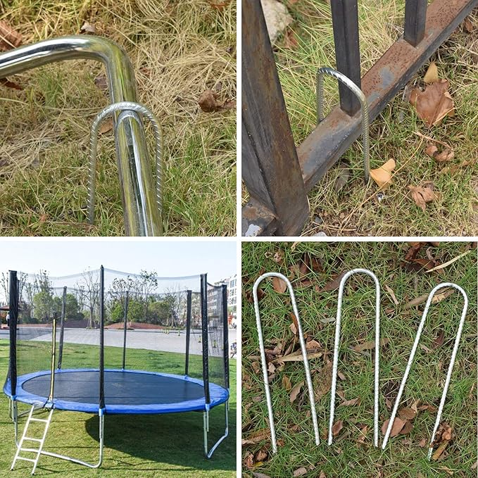 AAGUT Trampoline Stakes 12 Inch 6 Pack, 3/8 Inch Trampoline Tie Down Anchor Kit High Wind Heavy Duty, Galvanized Steel Trampolines Accessories U Shaped Ground Rebar Stakes for Soccer Goal, Swing Set