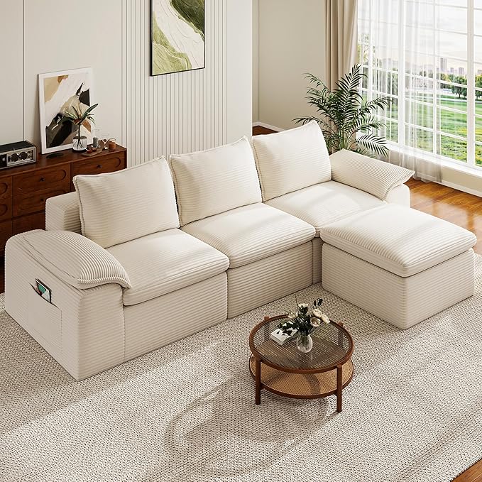 Buytime 104" Comfy Cloud Couch, Convertible Boneless Couches for Living Room, L Shaped Modular Sectional Sofa with Deep Seat, Double-Layer Cloud Cushion and Headrest, Cream Beige