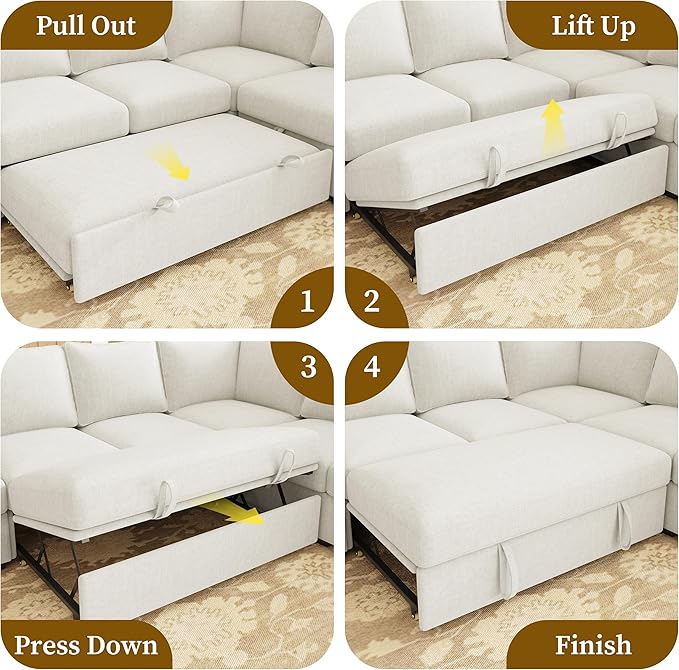 SUAWY 106.7" Sectional Sleeper Sofa with Pull Out Couch, Modern 7 Seat U Shaped Modular Couch, Sectionals Modular Sofa with Storage, Comfy Sectional Couches for Living Room & Apartment, Beige