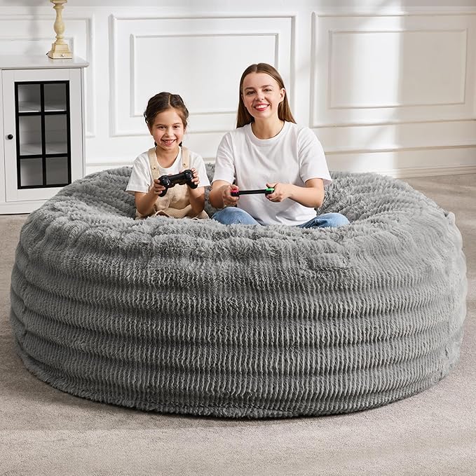 Hobestluk Bean Bag Chairs Beanbag Chair with Filler Adult Bean Bags with Fluffy Ripple Cover, Giant Bean Bag Chairs for Adults (Grey, 6FT - 70" x 70" x 15")