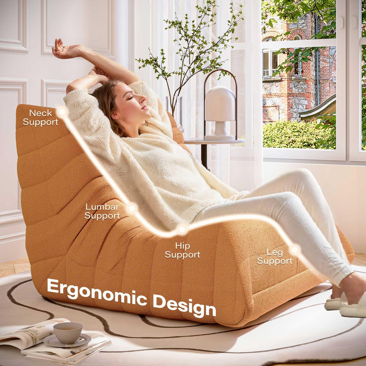 LAUSAINT HOME Bean Bag Chair for Adults Memory Foam Giant Bean Bag Chair with Ergonomic Design, Bean Bag Couch Chenille Fabric for Living Room and Bedroom, No Assembly Required (Brown)