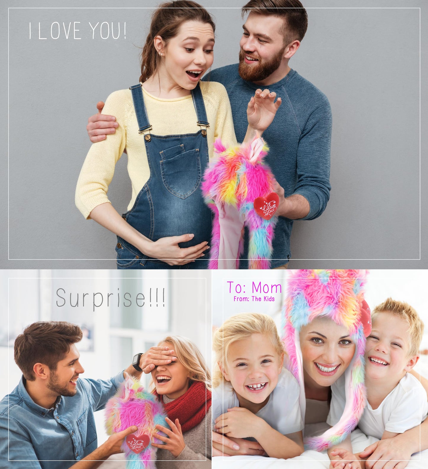 DolliBu I LOVE YOU Valentine Plush Rainbow Animal Hat - Cute Plush Hat + Scarf + Mitten with Red Heart, Name Personalization Gift For Valentines Day, Birthday, Anniversary, Romantic Date - 37 Inches