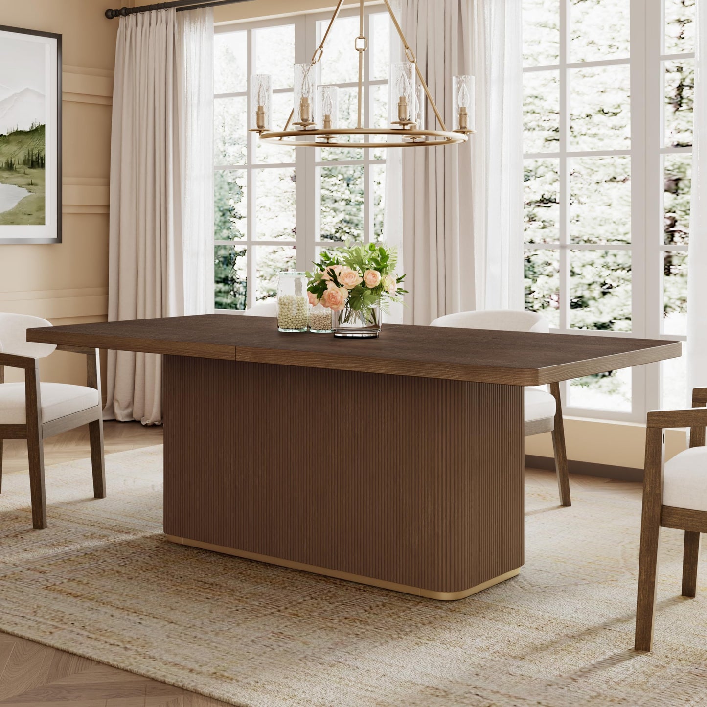 Christopher Knight Home Scout 84 Inch Dining Table for 6 People, Modern Kitchen Table with Pillar Legs, Wooden Rectangular Spacious Dinner Furniture for Dining Room, Home Office, Walnut