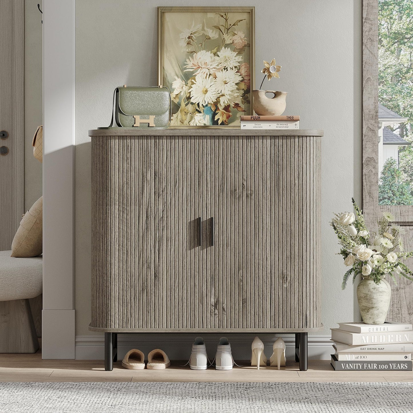 Maupvit Shoe Storage Cabinet with Smooth Fluted Sliding Doors, 5-Tier Shoe Cabinet Storage for Entryway, Narrow Hidden Shoe Rack for Front Door Entrance, Metal Handles and Legs, Grey