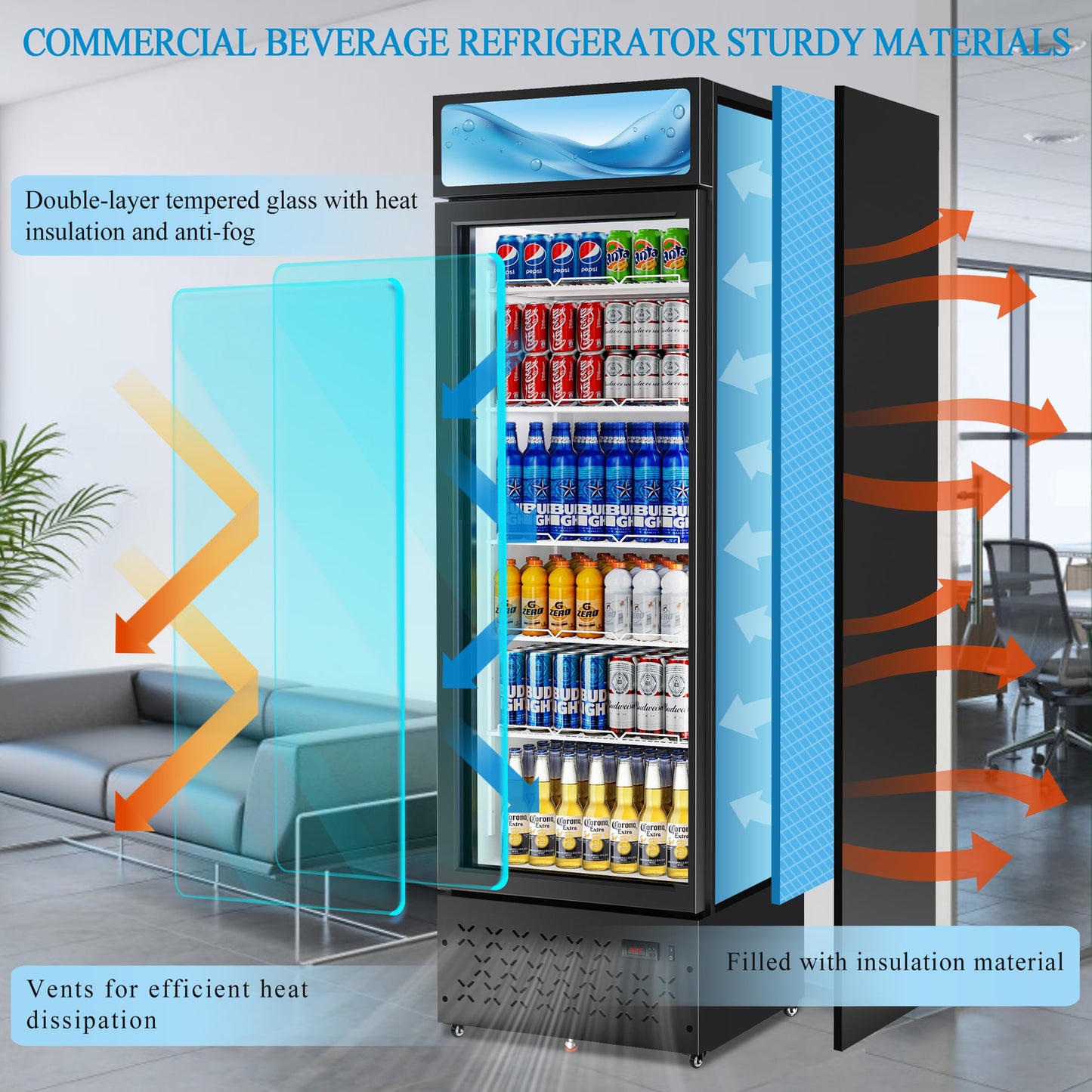 LCEKY Beverage Cooler Commercial Refrigerator 10 Cu.Ft. Glass Door Display Refrigerator with LED Light, 5 Shelves, Display Commercial Beverage Refrigeratorfor Restaurant Cafe Bar Store (10 Cu.Ft.)